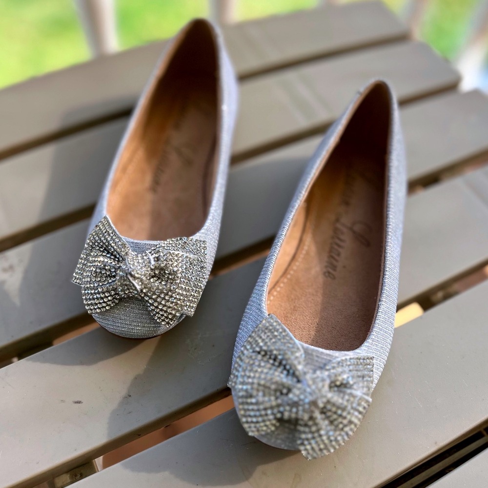 Lauren‎ Lorraine Silver Glitter Rhinestone Bow Ballet Flats  Kids Size 10.5 NWB